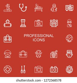 Editable 22 professional icons for web and mobile. Set of professional included icons line Golfer, Stethoscope, Gurney, Doctor, Worker, Chess, Camera, Meeting on red background