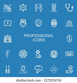 Editable 22 professional icons for web and mobile. Set of professional included icons line Luge, Sheriff, Handshake, Column, Stethoscope, Nurse, Bellboy, Operator on blue background