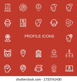 Editable 22 iconos de perfil para web y móvil. El conjunto de perfiles incluye iconos línea Configuración, Usuario, Marcador de posición, Mente, Hombre, Perfil, Avatar, Cola, Gato, Retrato sobre fondo rojo