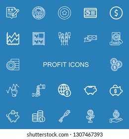 Editable 22 profit icons for web and mobile. Set of profit included icons line Rating, Coin, Graph, Line chart, Stock, Trade, Money transfer, Stats, Loan, Piggy bank on blue background