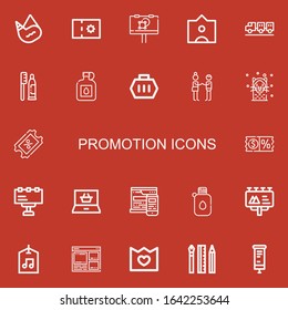 Editable 22 promotion icons for web and mobile. Set of promotion included icons line Canteen, Coupon, Billboard, Tag, Carrier, Toothpaste, Deal, Seal, Discount on red background