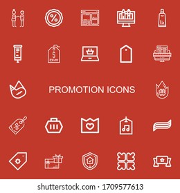 Editable 22 promotion icons for web and mobile. Set of promotion included icons line Deal, Discount, Web design, Toothpaste, Roll up, Price tag, Shopping online on red background