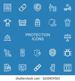 Editable 22 protection icons for web and mobile. Set of protection included icons line Prisoner, Goggles, Shield, Safety box, Sunbed, Key, Barrier, Sleeping bag on blue background