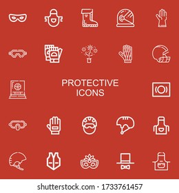 Editable 22 protective icons for web and mobile. Set of protective included icons line Mask, Apron, Boots, Helmet, Gloves, Hat, Glove, Vest, Eye mask on red background