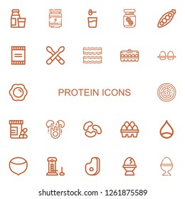 Editable 22 protein icons for web and mobile. Set of protein included icons line Diary product, Proteins, Powder, Peanut butter, Peas, Drumsticks, Bacon, Egg on white background
