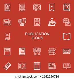 Editable 22 publication icons for web and mobile. Set of publication included icons line Book, Bookmark, News, Books, Magazine, Workbook, Newspaper on red background
