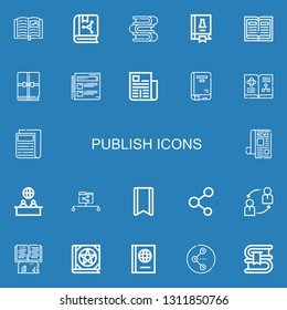 Editable 22 publish icons for web and mobile. Set of publish included icons line Book, Books, Science book, News, Newspaper, Data share, Bookmark, Share, Sharing on blue background
