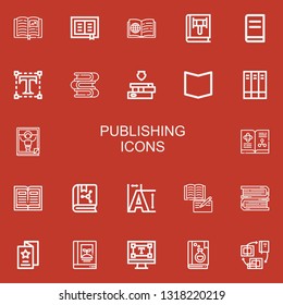 Editable 22 publishing icons for web and mobile. Set of publishing included icons line Book, Typography, Books, Magazine, Flyer on red background