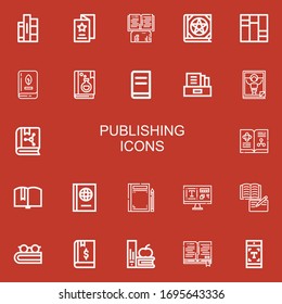 Editable 22 publishing icons for web and mobile. Set of publishing included icons line Books, Flyer, Book, Literature, Magazine, Typography on red background