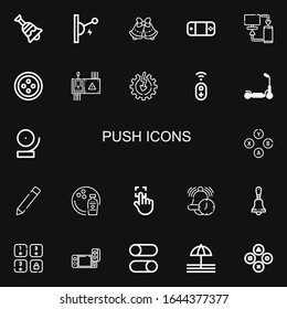 Editable 22 push icons for web and mobile. Set of push included icons line Bell, Switch, Bells, Gamepad, Sync, Button, Controller, Power, Kick scooter, Buttons on black background