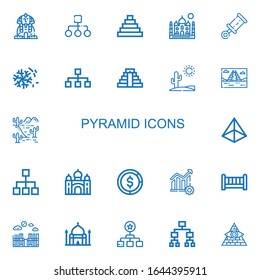 Iconos editables de 22 pirámides para web y móvil. Conjunto de pirámides incluye íconos línea Sphinx, Structure, Pirámide, Taj mahal, Rattle, Desierto, Hierarchy, Chichen Itza sobre fondo blanco