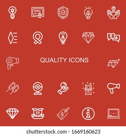 Editable 22 quality icons for web and mobile. Set of quality included icons line Idea, Merit, Guarantee, Ribbon, Diamond, Question, Hairdryer, Chicken, Webcam on red background