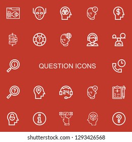 Editable 22 question icons for web and mobile. Set of question included icons line Support, Serial killer, Mind, Send data, Help, Mindfulness, Information, Clipboard on red background