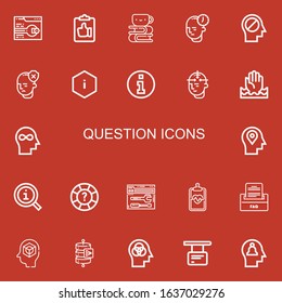 Editable 22 question icons for web and mobile. Set of question included icons line Support, Clipboard, Homework, Mind, Information, Help, Faq, Send data on red background