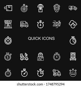 Editable 22 quick icons for web and mobile. Set of quick included icons line Delivery, Stopwatch, Expresso, Stop watch, Chronometer, Trick on black background