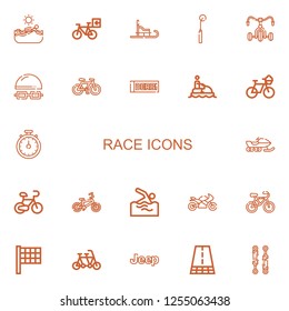 Editable 22 race icons for web and mobile. Set of race included icons line Swimming, Bicycle, Luge, Tracing wheel, Derbi, Jet ski, Stopwatch, Snowmobile, Motorcycle on white background