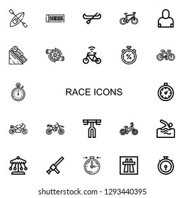 Editable 22 race icons for web and mobile. Set of race included icons line Kayak, Derbi, Canoe, Bicycle, Salesman, Luge, Engine, Stopwatch, Stopclock, Motorcycle on white background