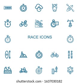Editable 22 race icons for web and mobile. Set of race included icons line Derbi, Stopwatch, Chronometer, Horse, Kayak, Stop watch, Bicycle, Luge, Stopclock on white background