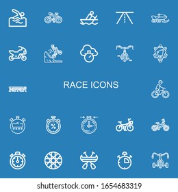 Editable 22 race icons for web and mobile. Set of race included icons line Swimming, Bicycle, Rowing, Road, Snowmobile, Motorbike, Bmx, Chronometer, Engine on blue background