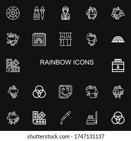 Editable 22 rainbow icons for web and mobile. Set of rainbow included icons line Color wheel, Ink, Hippie, Unicorn, Pride, Ireland, Rainbow, Pantone, Rgb, Sticker on black background