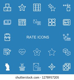 Editable 22 rate icons for web and mobile. Set of rate included icons line Dice, Star, Stars, Rating, Yuan, Rate, Reduce, Electrocardiogram, Cardiogram, Heart rate on blue background
