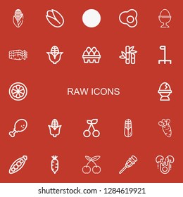 Editable 22 raw icons for web and mobile. Set of raw included icons line Corn, Pistachio, Egg, Boiled egg, Carrots, Eggs, Sugar cane, Cane, Mangosteen, Chicken leg on red background
