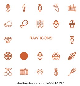 Editable 22 raw icons for web and mobile. Set of raw included icons line Corn, Carrot, Radish, Sushi, Nuts, Chicken leg, Egg, Oyster, Mangosteen, Eggs, Peas on white background