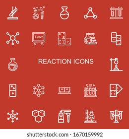 Editable 22 reaction icons for web and mobile. Set of reaction included icons line Test tube, Chemistry, Flask, Molecules, Test tubes, Molecule, Formula, Domino on red background