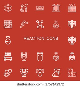 Editable 22 reaction icons for web and mobile. Set of reaction included icons line Molecule, Chemistry, Tube, Test tubes, Dominoes, Flask, Test tube, Tubes, Chemical reaction on red background