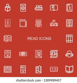 Editable 22 read icons for web and mobile. Set of read included icons line Read, Manual, Book, Library, Ebook, Books, Magazine, Audiobook on red background