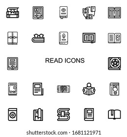 Editable 22 read icons for web and mobile. Set of read included icons line Books, Ebook, Book, Catalog, Text lines, Read, Manual, Magazine on white background