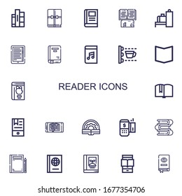Editable 22 reader icons for web and mobile. Set of reader included icons line Books, Book, Scanner, Ebook, Audiobook, Scan, Payment terminal, Ereader on white background