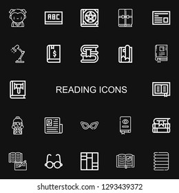 Editable 22 reading icons for web and mobile. Set of reading included icons line Student, Blackboard, Book, Newspaper, Desk lamp, Magazine, Glasses, Books on black background