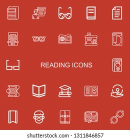 Editable 22 reading icons for web and mobile. Set of reading included icons line Newspaper, Student, Glasses, Book, Paper, Kindergarten, Magic book, Books, Education on red background