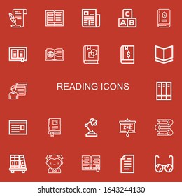 Editable 22 reading icons for web and mobile. Set of reading included icons line Literature, Book, Newspaper, Abc, Art book, Student, Books, Desk lamp, Blackboard on red background