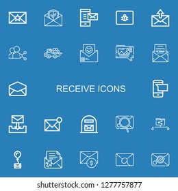 Editable 22 receive icons for web and mobile. Set of receive included icons line Envelope, Email, Mail, Spam, Share, Pick up, Mms, Sms, Mail box, Data share on blue background