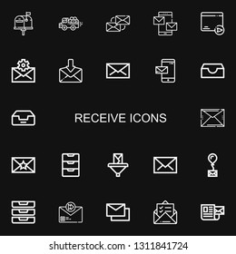 Editable 22 receive icons for web and mobile. Set of receive included icons line Email, Pick up, Mails, Mail, Inbox, Envelope, Inboxes on black background