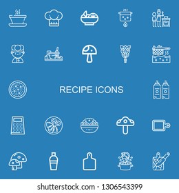 Editable 22 recipe icons for web and mobile. Set of recipe included icons line Soup, Chef, Salad, Boil, Cooking, Mushroom, Whisk, Fryer, Sauce, Grater, Quesadilla on blue background
