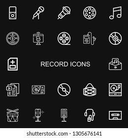 Editable 22 record icons for web and mobile. Set of record included icons line Recorder, Microphone, Film reel, Music, Cd, Videocall, Vinyl, Medical report on black background