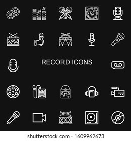 Editable 22 record icons for web and mobile. Set of record included icons line Button, Volume, Microphone, Music, Drum, Audio, Recording, Film reel, Voice recorder on black background