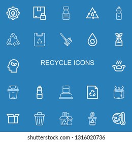 Editable 22 recycle icons for web and mobile. Set of recycle included icons line Green energy, Package, Bottle, Water, Recycle, Paper bag, Soda can, Reuse, Eco on blue background
