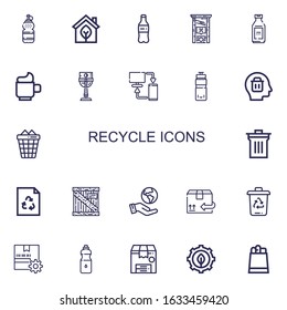 Editable 22 recycle icons for web and mobile. Set of recycle included icons line Water, Eco, Plastic bottle, Guillotine, Bottle, Cup, Sync, Water bottle, Delete on white background