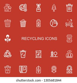 Editable 22 recycling icons for web and mobile. Set of recycling included icons line Recycling box, Global warming, Reuse, Pine tree, Bin, Garbage, Trash can on red background