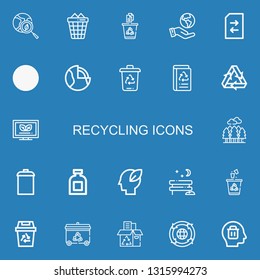 Editable 22 recycling icons for web and mobile. Set of recycling included icons line Green earth, Trash can, Recycling, Ecologism, Change, Geothermal, Trash bin on blue background