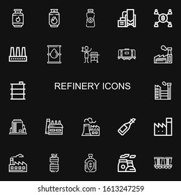 Editable 22 refinery icons for web and mobile. Set of refinery included icons line Gas, Oil, Reservoir, Mining, Factory, Tank, Barrel, Nuclear plant, Chimney on black background