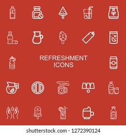 Editable 22 refreshment icons for web and mobile. Set of refreshment included icons line Water bottle, Bottle, Popsicle, Drink, Tea bag, Cola, Lemonade, Soda on red background