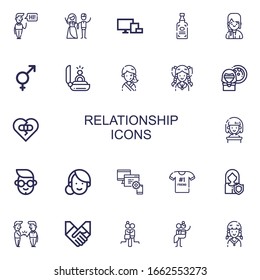 Editable 22 relationship icons for web and mobile. Set of relationship included icons line Greeting, Couple, Devices, Spirits, Girl, Genders, Engagement, Woman on white background