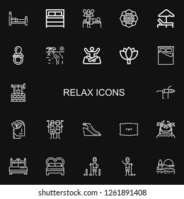 Editable 22 relax icons for web and mobile. Set of relax included icons line Bed, Massage, Spiritual, Sunbed, Pacifier, Beach, Yoga, Lotus, Well, Relax, Golfer on black background