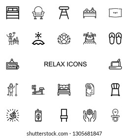 Editable 22 relax icons for web and mobile. Set of relax included icons line Bed, Armchair, Stool, Double bed, Pillow, Spa, Beach, Lotus, Hammocks, Sandals on white background