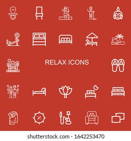 Editable 22 relax icons for web and mobile. Set of relax included icons line Pacifier, Chair, Golfer, Buddha, Bench, Bed, Sunbed, Beach, Sandals, Lotus, Relax on red background